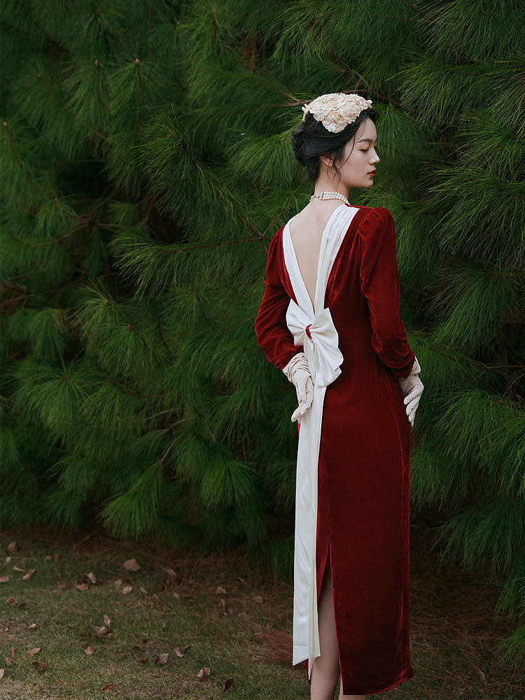 Retro red silk velvet puff sleeves backless white bow toast dress- Helen