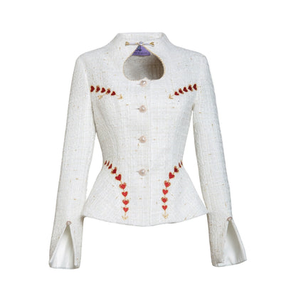 MagicQ sweetheart white embroidered cutout buckle embellished tweed jacket skirt set