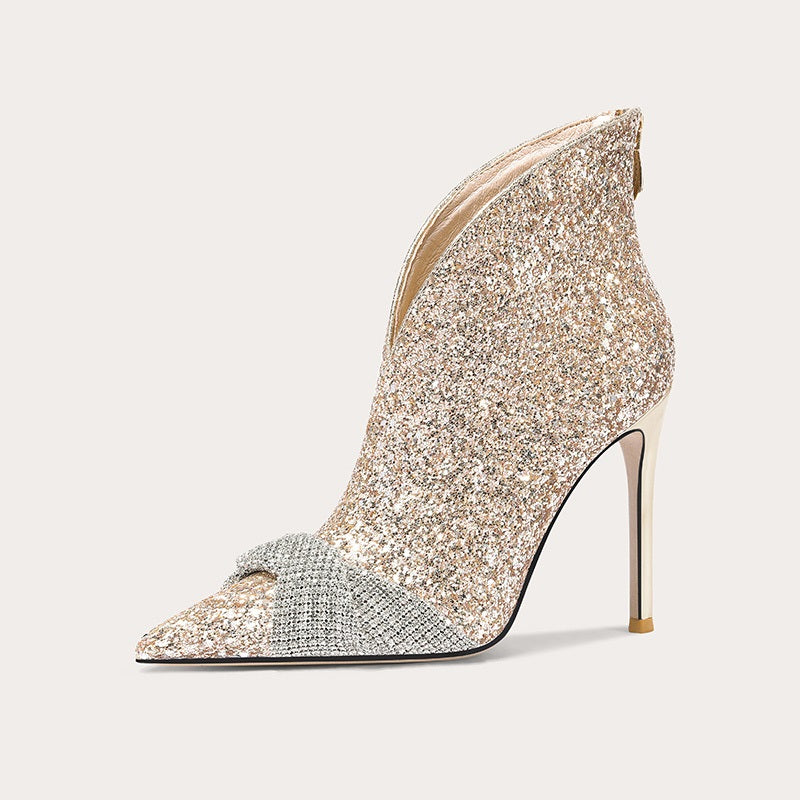 High-heeled short boots pointed rhinestone stiletto wedding shoes- Dali