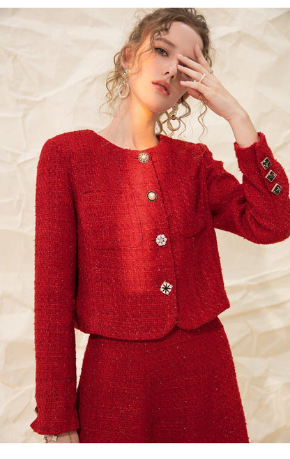 Red retro high-end tweed two-piece skirt suit- Tipa