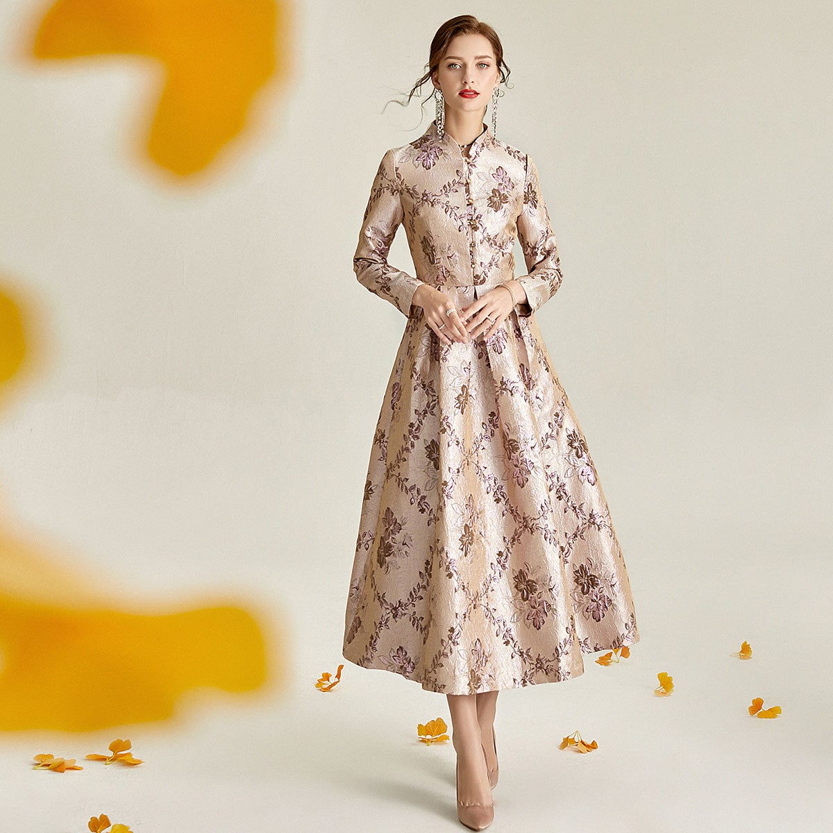 Long Sleeve Stand Collar Retro Jacquard Satin Swing Dress Pilar GOOD long-sleeve-stand-collar-retro-jacquard-satin-swing-dress-pilar-good