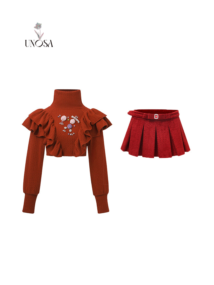 Red bead three-dimensional flower lotus leaf high waist long-sleeved short top sweater suit set- Claire