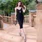 Le Palais vintage elegant sexy pleated crochet bodycon lbd black dress - Mina