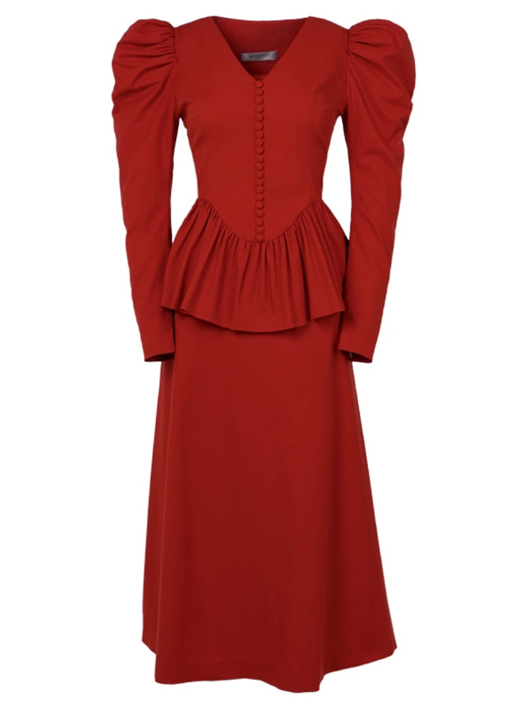 Orange red toast puff sleeve waist and a long toast suit skirt dress- Liqin Liqin's