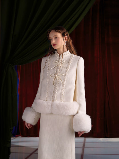 UNOSA Vintage White Floral Sweat Jacket Skirt - Inese