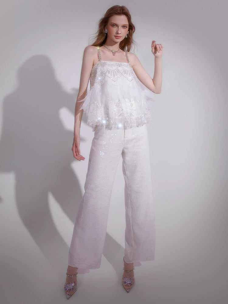 Wardrobes by Chen White sequin Strap Lace Loose Top High Waist Straight Pant-Lacey