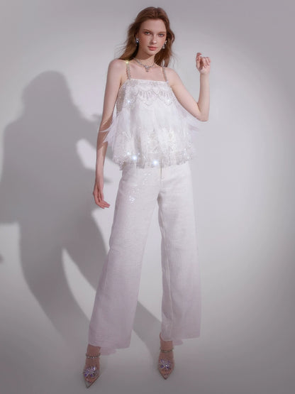 Wardrobes by Chen White sequin Strap Lace Loose Top High Waist Straight Pant-Lacey