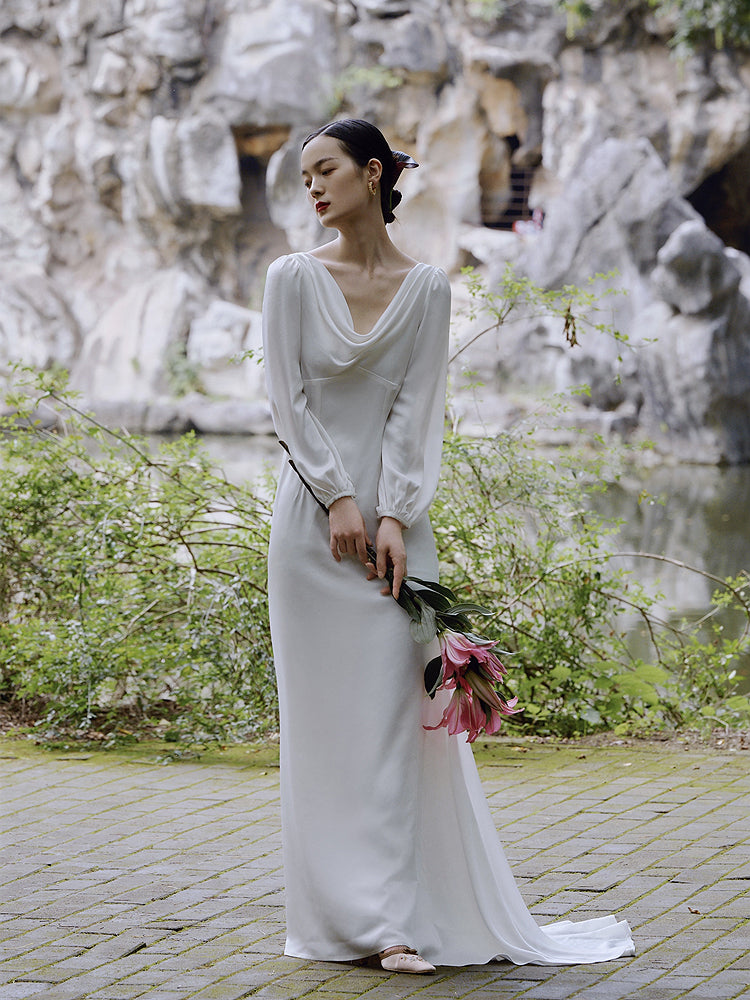 Puff sleeve swing collar halter open back wedding dress- Lati