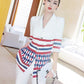 VJE statement blue white red suit drape micro-flared pants two-piece trouser suit - Quina