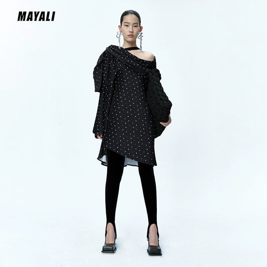 MAYALI Fall/Winter Asymmetric off-the-shoulder pressed pleated black polka-dot top - Yuii
