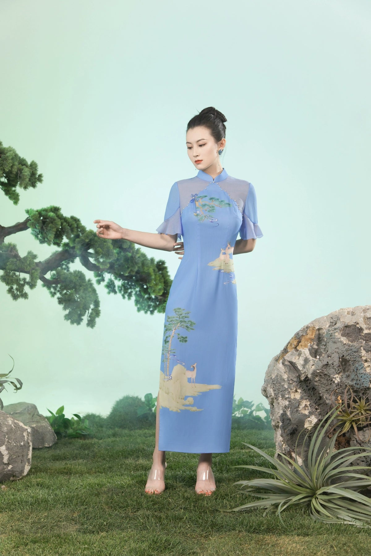 MagicQ blue pine embroidered greenstone fringed shawl cpae print dress - Luoei