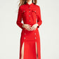 Autumn and winter red stand collar sleek cut fork slit long sleeve red dress - Azia