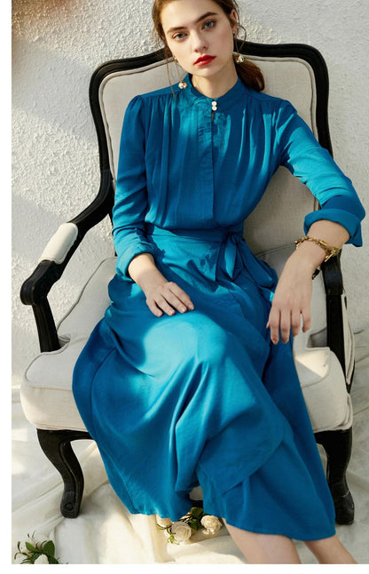 Flowy lake blue high neck 1940s vintage retro inspired fau  midi wrap dress - Kenji
