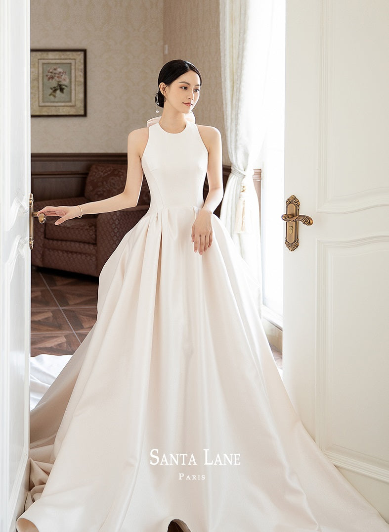 Early Spring 2023 Satin bride simple luxury Hepburn French big trailing wedding dress- Gloai