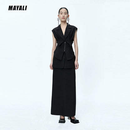 MAYALI Fall/Winter V-neck Slim Waist Sleeveless Blazer - Luryi