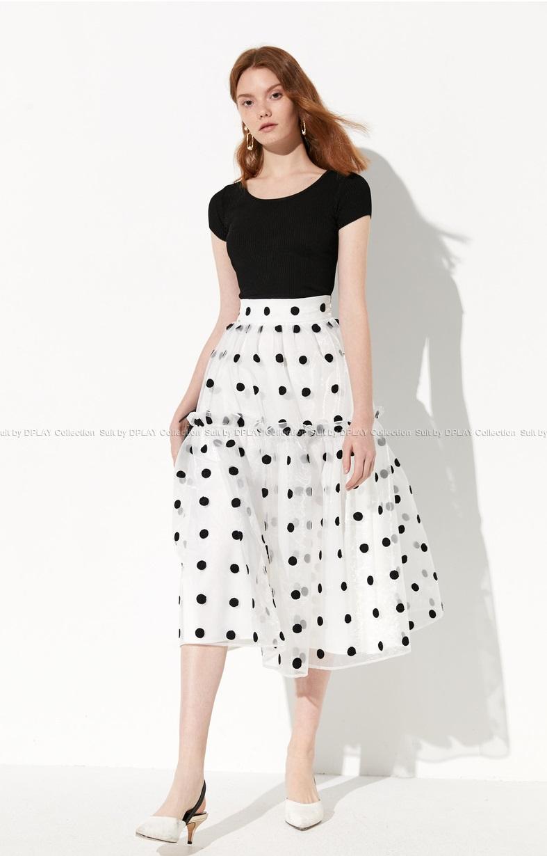 Classic black and white polka dot delicate embroidery non-print retro vintage skirt- Paran
