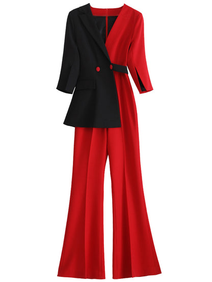 Red suit women's 2023 Spring  fake two-piece high-waisted flared jumpsuit- Cuca