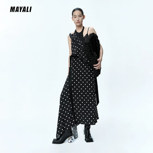 MAYALI Fall/Winter Ribbon Wraps Asymmetric Black Polka Dot Sleeveless Slip Dress - Miillie