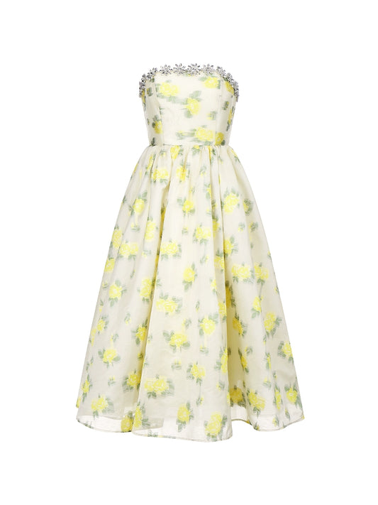 Wardrobes by Chen Luxury Lemon Yellow Strapless Long Cocktail Dress-Butter Cup
