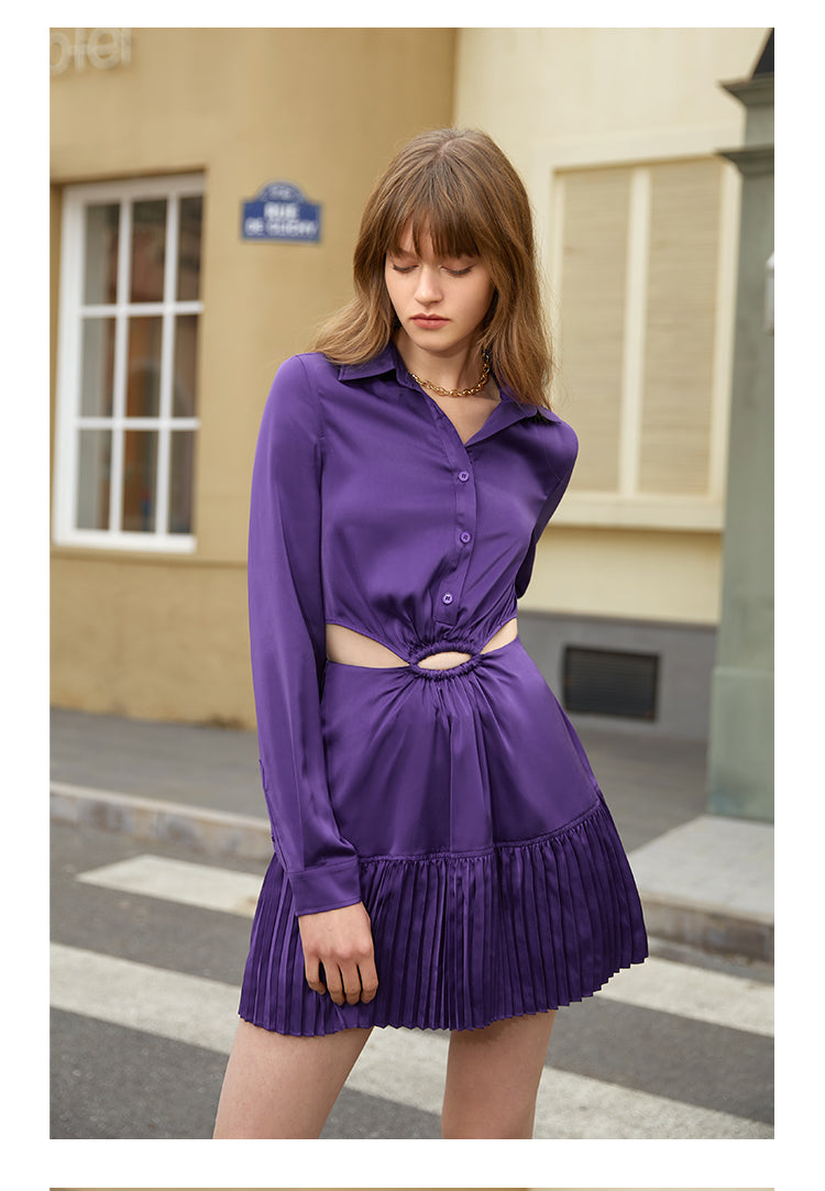 Polo collar satin long sleeve and short skirt dress- Clima L
