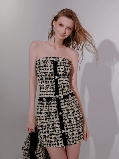 Wardrobes by Chen High End plaid twee Diamond Button Jacket mini dress- Kaya