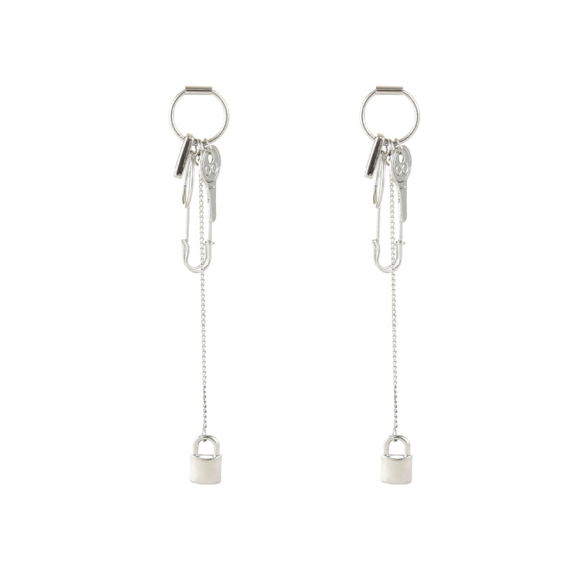 Le Palais Vintage Elegant Sliver Key and Padlock Long Earrings-Jill.