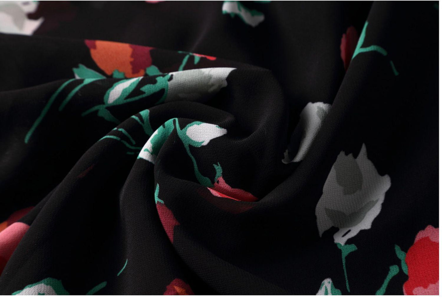 Designer lapel simple elegant floral print irregular swing chiffon lbd black floral dress - Inka