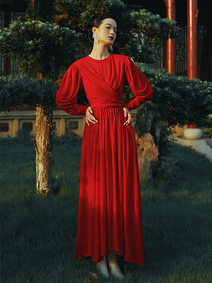 Red Pleated retro long-sleeved irregular skirt dress- Ctegoria