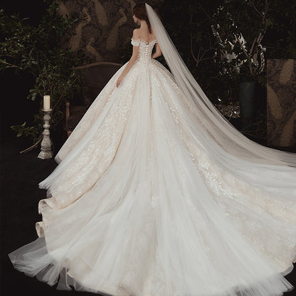 Ealy Spring 2023 one-shoulder new trailing bride wedding dress - Lannuo