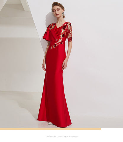 Evening dress high-end banquet annual meeting long red long sleeve dress - Riosa