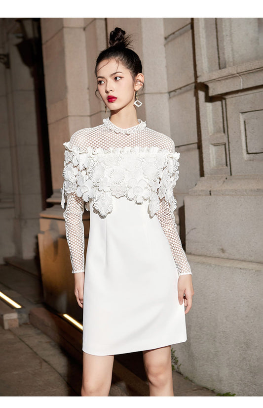 White long-sleeved dress is crafted with three-dimensional embroidery - Perfecta