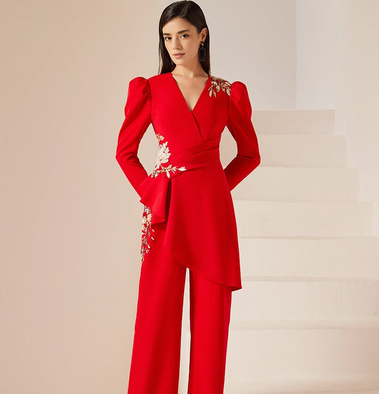 Gorgeous high end jumpsuit women's red business formal dress fashionable party host clothing slim jumpsuit- Tony XL