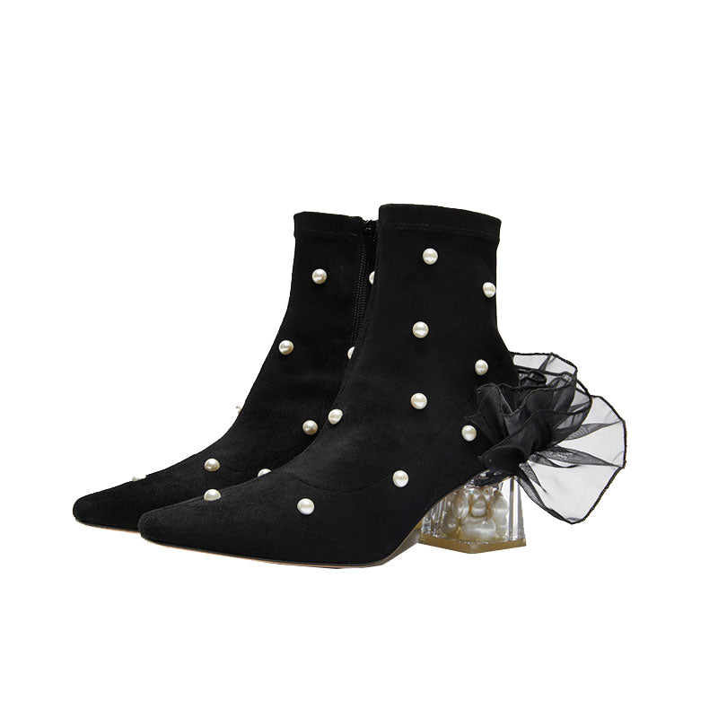 Diamond buckle pearl rhinestone medium heel chunky heel elastic ankle boots - Viana