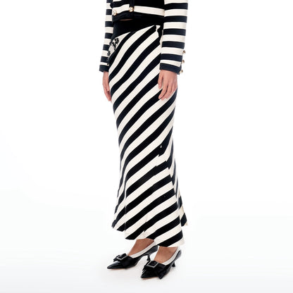 FAME black white striped contrast beaded waist fishtail long skirt - Tuggi