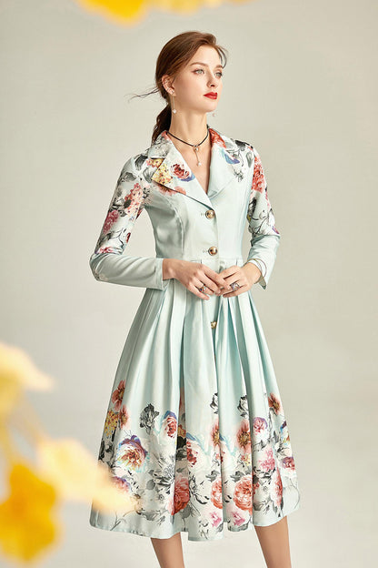 Audrey Hepburn inspired retro light blue pastel blue floral printed long sleeve 1950's inspired midi full swing dress - Roman
