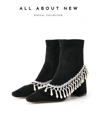 FEI original niche design pearl chain tassel boots ankle boots- Lona