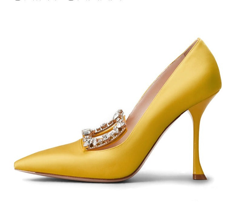 Pointed toe stiletto yellow satin square buckle shoes women-Kai