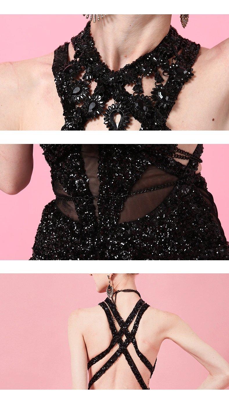 Black Sequins sexy split open back slim long  elegant bridesmaid dress- Leila