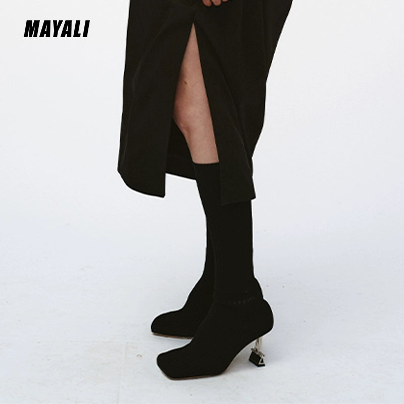 MAYALI square-toe black high-heeled elastic high boots - lioe