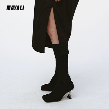 MAYALI square-toe black high-heeled elastic high boots - lioe