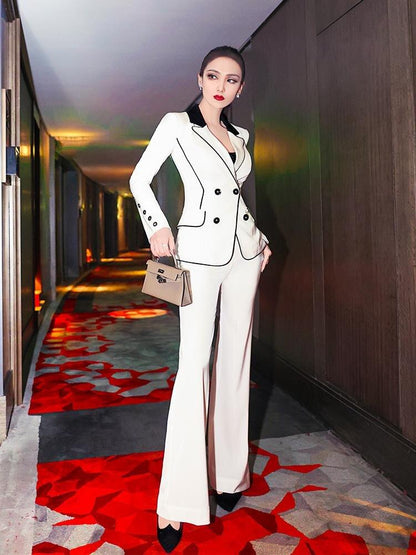 VJE spring black and white contrast double-row small suit jacket two-piece pants suit - Boda