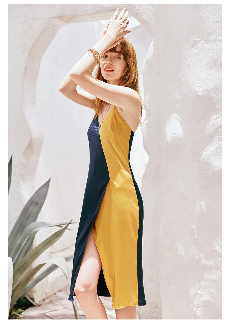 Two-color irregular satin strap dress- Elisa