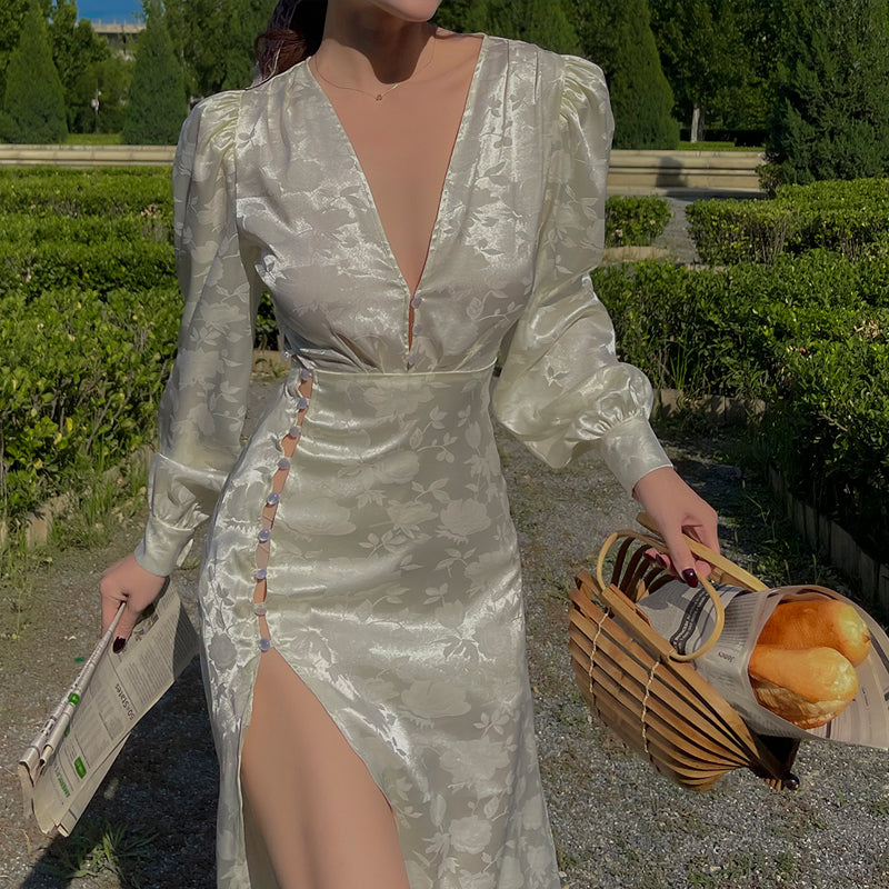 Le Palais vintage elegant French sexy white jacquard satin slit dress- Mieo