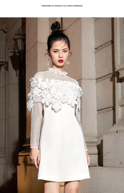 White long-sleeved dress is crafted with three-dimensional embroidery - Perfecta