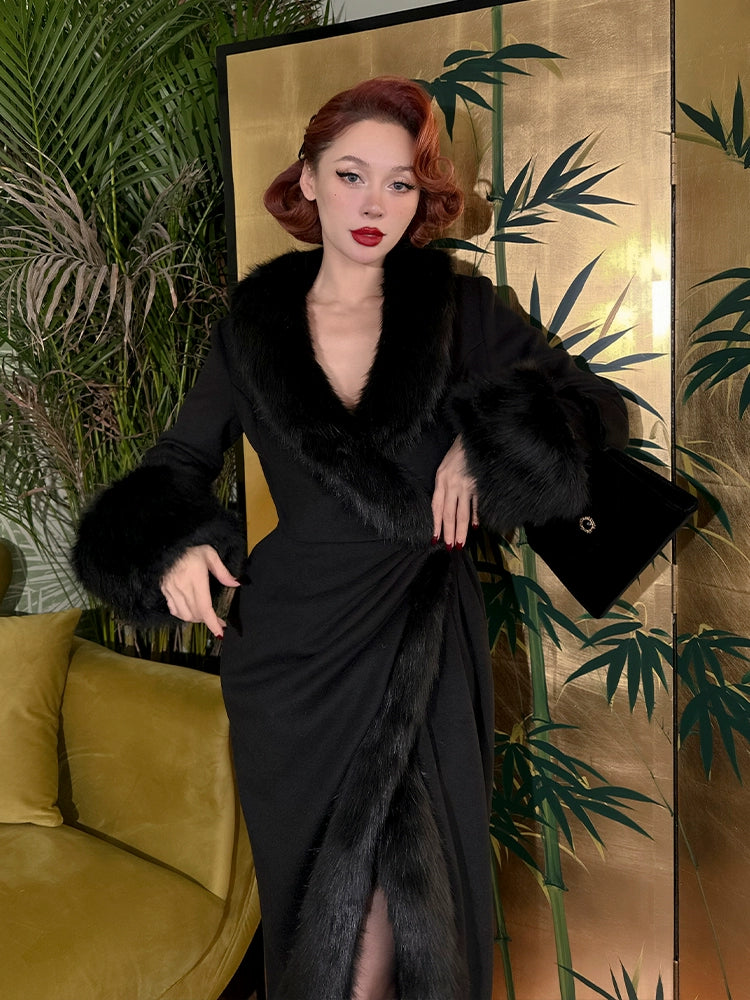 Le Palais Vintage Elegant Black Long Sleeves V-Neck Fox Fur Collar Wrap Jacket-Debra ( V )