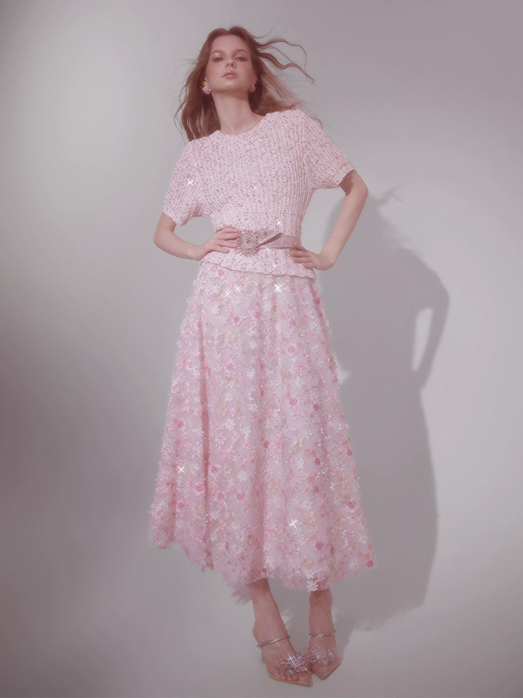 Wardrobes by Chen Elegant Pink Sequin Embroidered Long midi Skirt - Jiaa