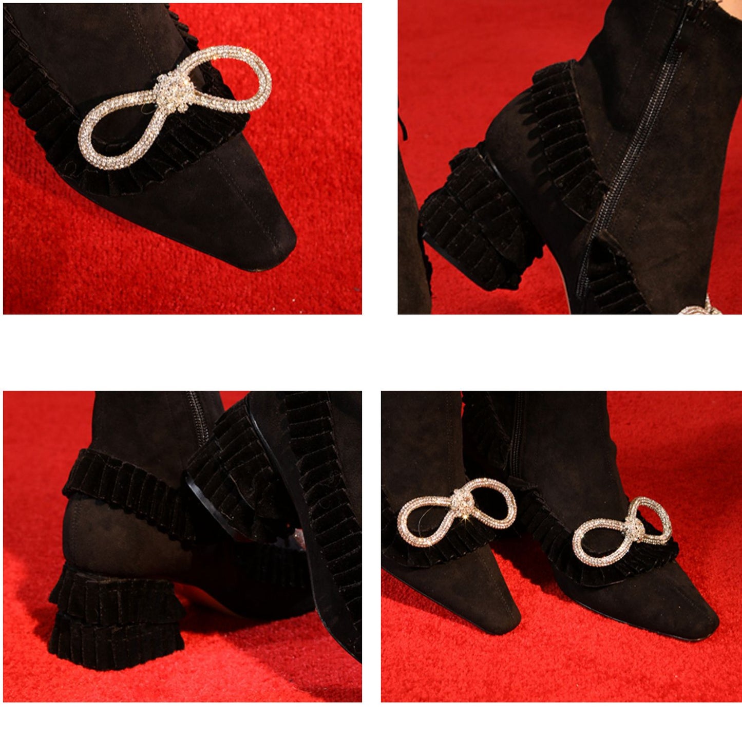 B-FEI pointed toe short tube square heel products original flash diamond bow short boots- Bola