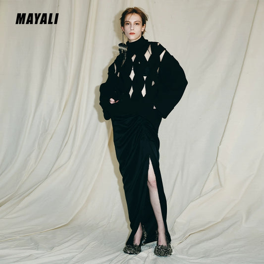 MAYALI fall/winter geometric crossover crewneck knitted turtleneck long-sleeved sweater - intarsia
