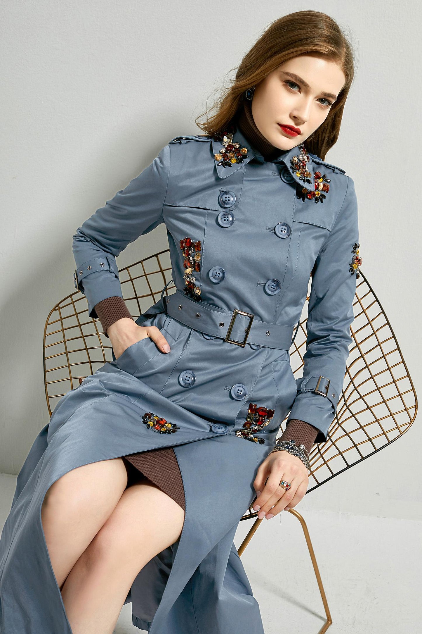 Classic autumn winter luxury limited edition handmade beaded long trench coat - Siaha Blue