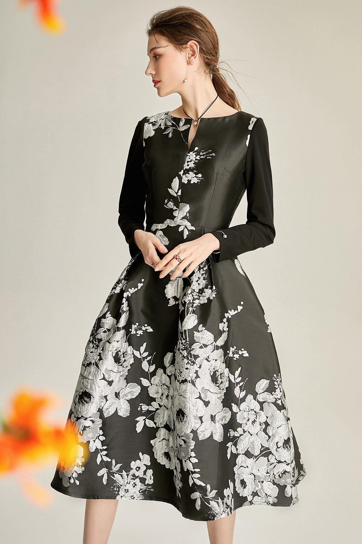 Spring retro 1950 lbd black jacquard long sleeve wedding guest audrey hepburn dress - Bailey